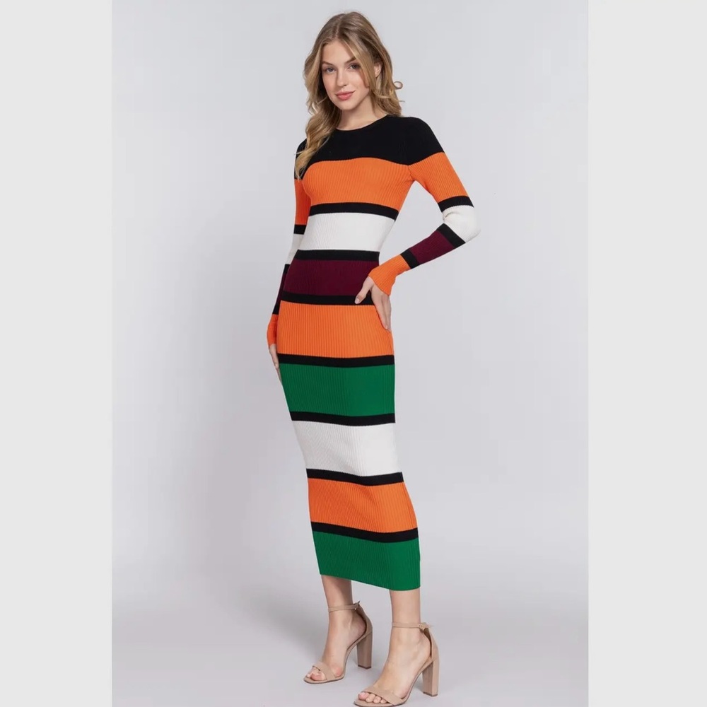Women's Long Sleeve Midi Color Block Sweater Dress - Picture 4 of 4